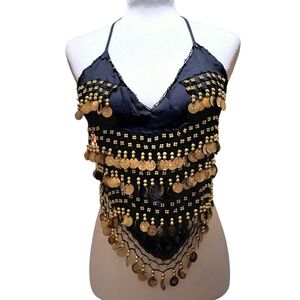 BELLY DANCER STYLE BLACK CHIFFON COIN MEDALLIAN FRINGE HALTER TOP - SIZE L